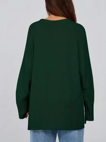 Women's Autumn Knit Sweater Long Sleeve X Casual Pullover Crewneck Slit Hem Loose Sweater - 墨綠色 - 查看 4