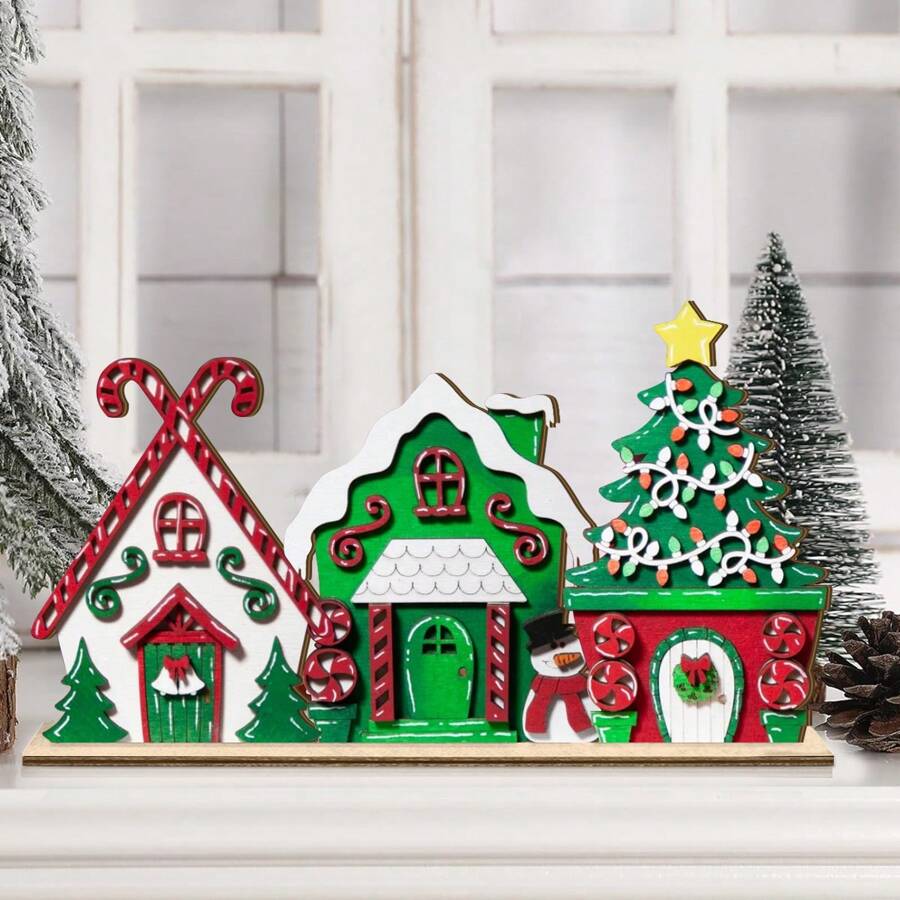 1Pc/125Pcs Christmas House Wooden Tabletop Decor Tiered Tray Decorations Rustic Winter Christmas House Sign For Farmhouse Xmas Party Table Decor(Without Tray) - Multicolor - View 1