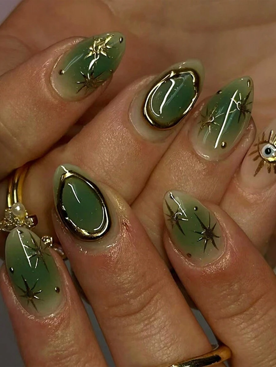 30 件短杏仁形指甲压合套装，闪亮和可晕染的假指甲，适合女孩和女士压合指甲，DIY 指甲装饰指甲用品 - 彩色 - 查看 1