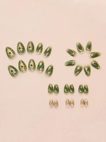 30 件短杏仁形指甲压合套装，闪亮和可晕染的假指甲，适合女孩和女士压合指甲，DIY 指甲装饰指甲用品 - 彩色 - 查看 3