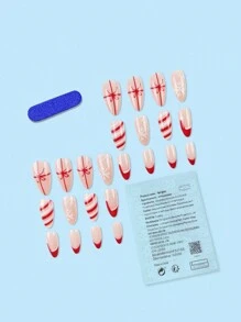 24片装长款杏仁形圣诞帽条纹雪花美甲贴套装。适合派对、舞会或节日佩戴。长按压式美甲贴。 - 紅白色 - 查看 2