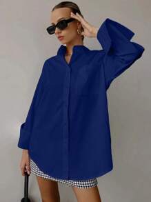 QIANZHIDU Elva Women Solid Color Loose Long Sleeved Business Interview Commuting Casual Relaxed Feeling Simple Shirt Graduation Office Spring Summer Autumn