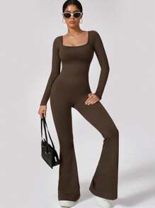 女式长袖无缝喇叭裤连体裤，高弹力罗纹腰提臀舞蹈服，适合户外运动 - 咖啡棕 - 查看 6