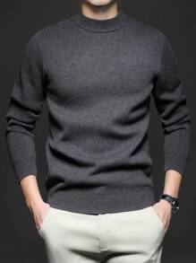 Men's Crew Neck Long Sleeve Solid Color Minimalist Casual Knit Sweater, Lightweight For Autumn/Winter - Dark Grey - View 9