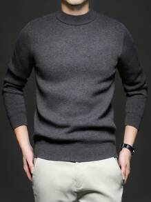 Men's Crew Neck Long Sleeve Solid Color Minimalist Casual Knit Sweater, Lightweight For Autumn/Winter - Dark Grey - View 7