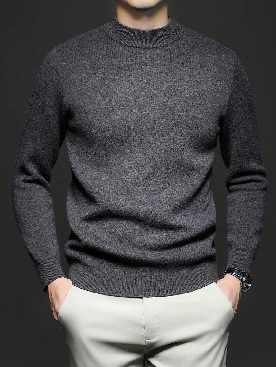 Men's Crew Neck Long Sleeve Solid Color Minimalist Casual Knit Sweater, Lightweight For Autumn/Winter - Dark Grey - View 1