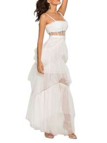 Women Sleeveless Tulle Dress Layered Ruffle Hem Summer Long Party Dress For Cocktail Beach Streetwear - trắng - Xem 4