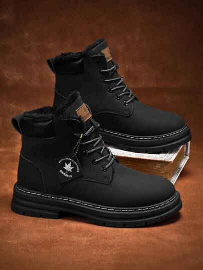 1 Pair Thermal Lined Lace-Up Ankle Boots With Letter Pattern, PU High Top Outdoor Work Boots, Black Unisex Motorcycle Boot