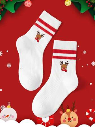 1 Pair Of Children's Socks Autumn Winter White Mid-Tube Socks Red Parallel Bars Student Socks Cute Cartoon Christmas Santa Claus Elk Pattern, Christmas Wear