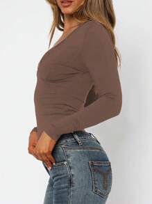 Women's Fashionable Sexy Fitted Lace Trim V-Neck Short Top, Y2K Style Long Sleeve T-Shirt