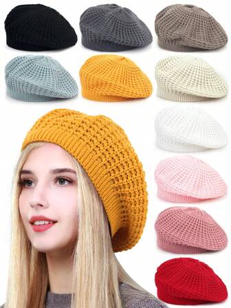 2Pcs/1Pc Women Chunky Knit Solid Color Casual Beret Hats, Fashion Versatile