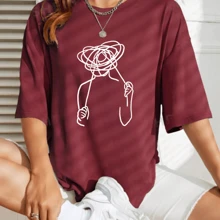 Women's Oversized Mental T-Shirt Delicate Lines Fashion - Màu Tím - Xem 1