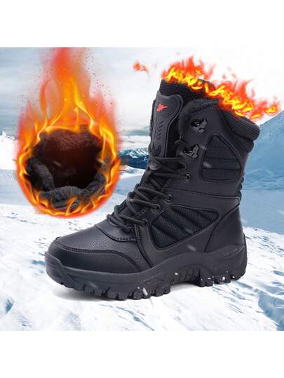 Men's Outdoor Hiking Snow Boots, Solid Color, Leather Upper, Warm High-Top Long Shaft Boots, Winter
