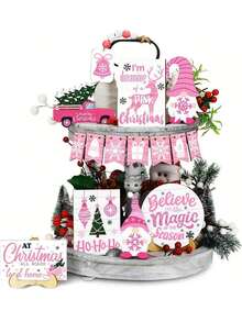 16 件粉色圣诞木制雪人托盘套装收纳装饰 - 相信季节驯鹿雪花铃铛艺术品，矮人卡车鹿松树 - 室内/室外桌子中心装饰，家居装饰，节日派对墙壁窗户阳台花园装饰，送给朋友的最佳礼物（不含托盘） - 查看 1