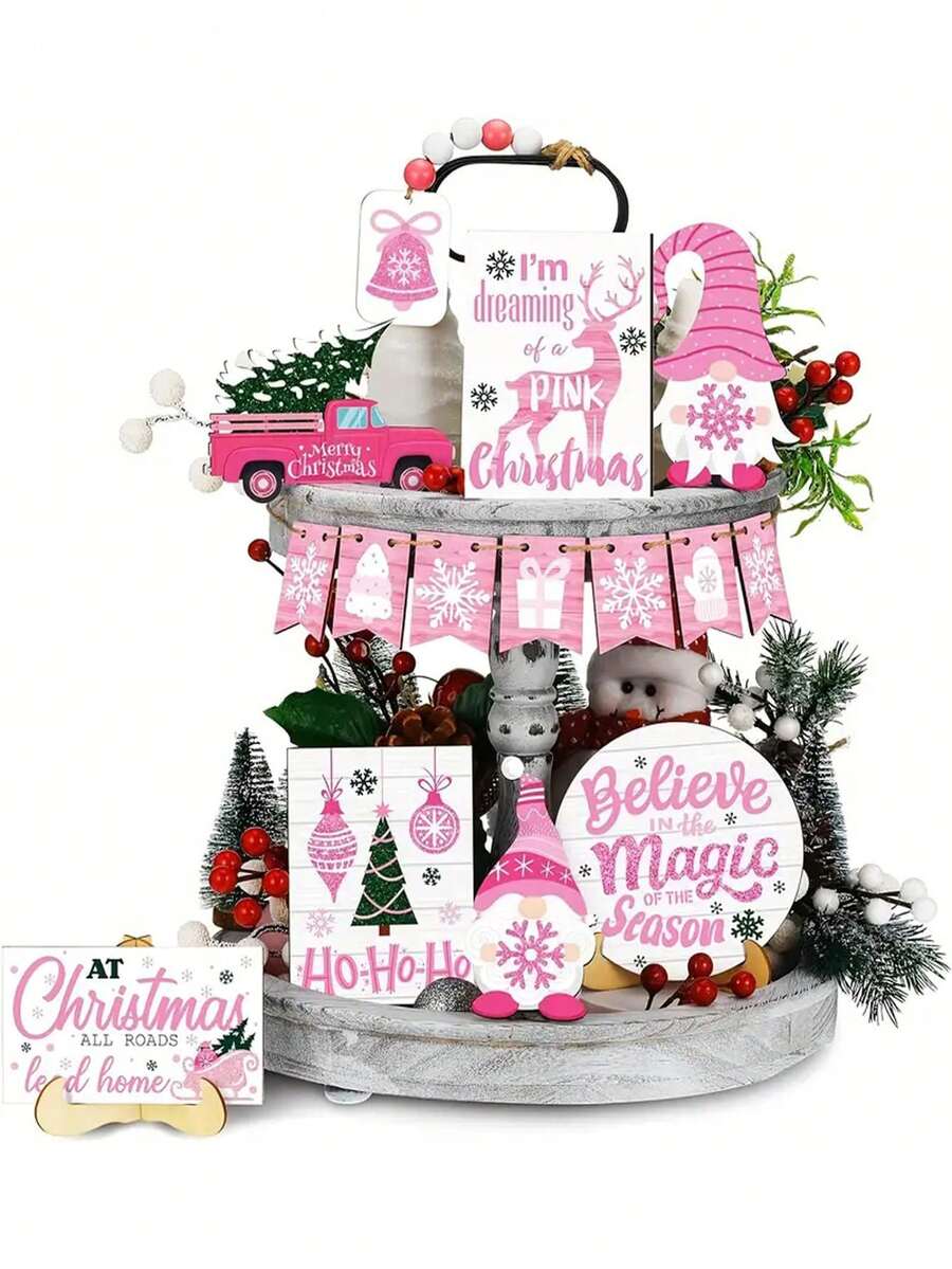 16 件粉色圣诞木制雪人托盘套装收纳装饰 - 相信季节驯鹿雪花铃铛艺术品，矮人卡车鹿松树 - 室内/室外桌子中心装饰，家居装饰，节日派对墙壁窗户阳台花园装饰，送给朋友的最佳礼物（不含托盘） - 查看 1