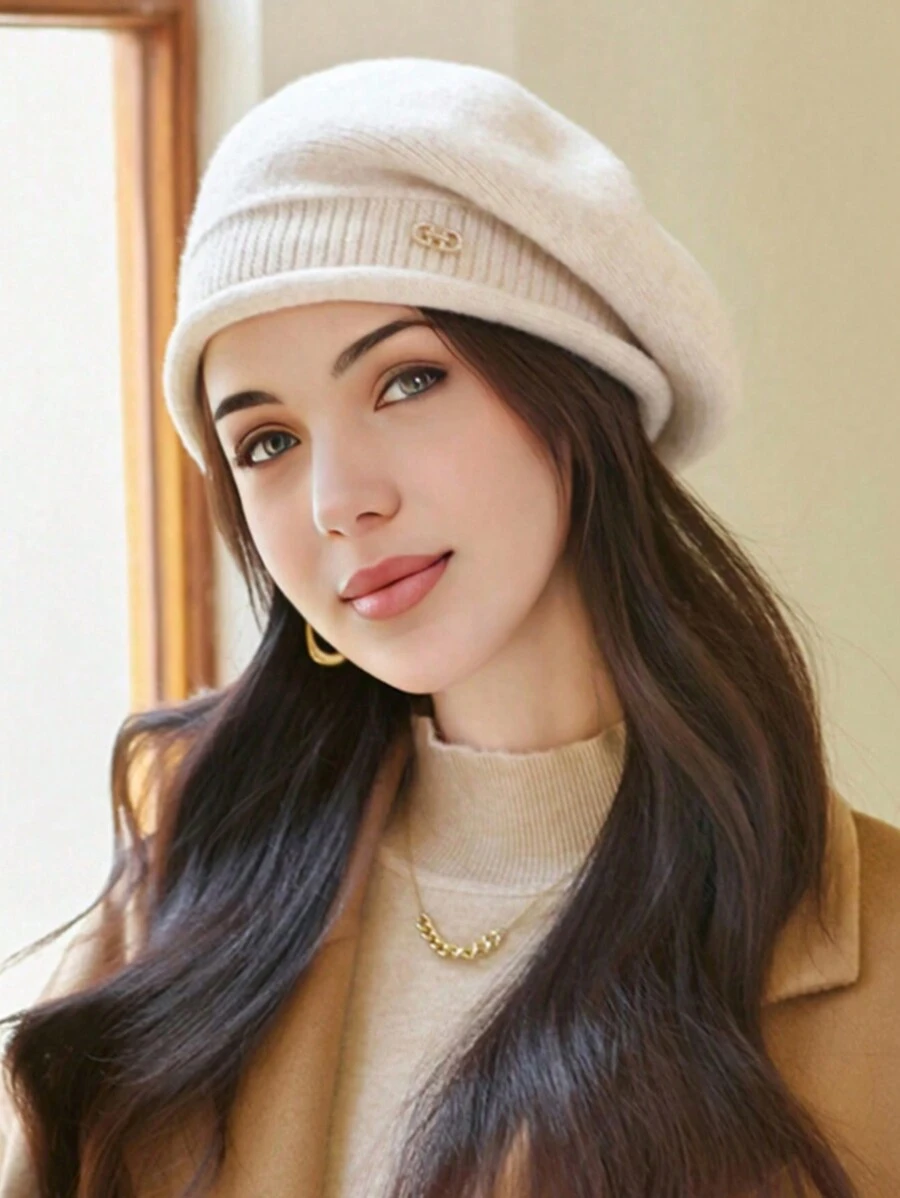 1 chiếc mũ nồi len dệt kim ấm áp màu trơn cho nữ, thời trang và đa năng cho mùa thu/đông