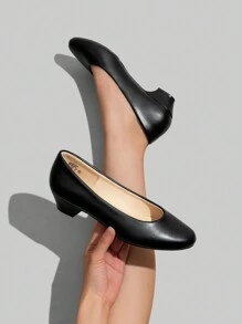 Women's Low Chunky Heel Solid Color Pumps Round Toe Comfortable Versatile Work Formal Occasions Shoes - màu đen - Xem 4