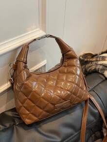 2024 新款时尚漆皮女士手提包，菱形绣花线点缀手提包，斜挎包女士手提包 - 咖啡棕 - 查看 1