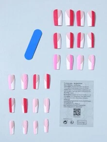 24片方形哑光条纹法式美甲贴片，完美贴合亚克力假指甲套装，包含1片果冻胶和1个指甲锉，易于佩戴，适合女性和女孩日常佩戴，也可用于锐舞派对等场合。 - 彩色 - 查看 2