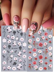 Miếng dán móng tay nghệ thuật nổi 5D 2 chiếc màu hồng đỏ cam thanh lịch nụ hoa hồng ren cánh hoa in hoa lá miếng dán móng tay tự dính đồ dùng làm móng tự làm cho phụ nữ cô gái - Nhiều màu - Xem 2