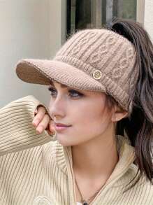 Aylhfo 1pc Autumn/Winter New Women's Elastic Knitted Ponytail Baseball Hat With Ear Protection Device Autumn/Winter Thick Windproof And Warm Knitted Hat Lightweight Sunshade Hat Women's Fashion Clothing Accessories