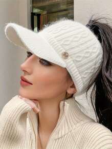 Aylhfo 1pc Autumn/Winter New Women's Elastic Knitted Ponytail Baseball Hat With Ear Protection Device Autumn/Winter Thick Windproof And Warm Knitted Hat Lightweight Sunshade Hat Women's Fashion Clothing Accessories
