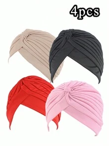 4 件套秋冬弹力头巾帽，男女通用时尚街头嘻哈帽，缎面帽檐睡帽，Y2K 保暖无檐便帽 - 4pcs - 查看 3