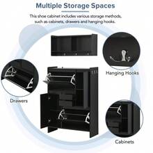 ON-TREND Multi-Functional Tipping Bucket Shoe Cabinet With Wall Cabinet, Space-Saving Design Foyer Cabinet With 2 Flip Drawers, Versatile Side Cabinet For Hallway, White - Black + Particle Board + Primary Living Space - View 4