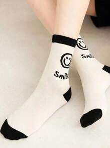 5 双黑白脸图案中筒袜可爱百搭户外袜子适合户外运动
