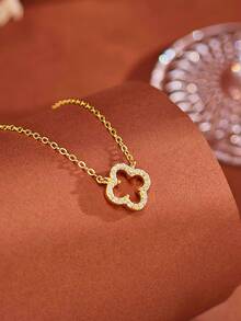 1 件 S925 纯银方晶锆石空心三叶草花项链、锁骨链、时尚服饰、生日/情人节/周年纪念珠宝礼物 - 金色 - 查看 4