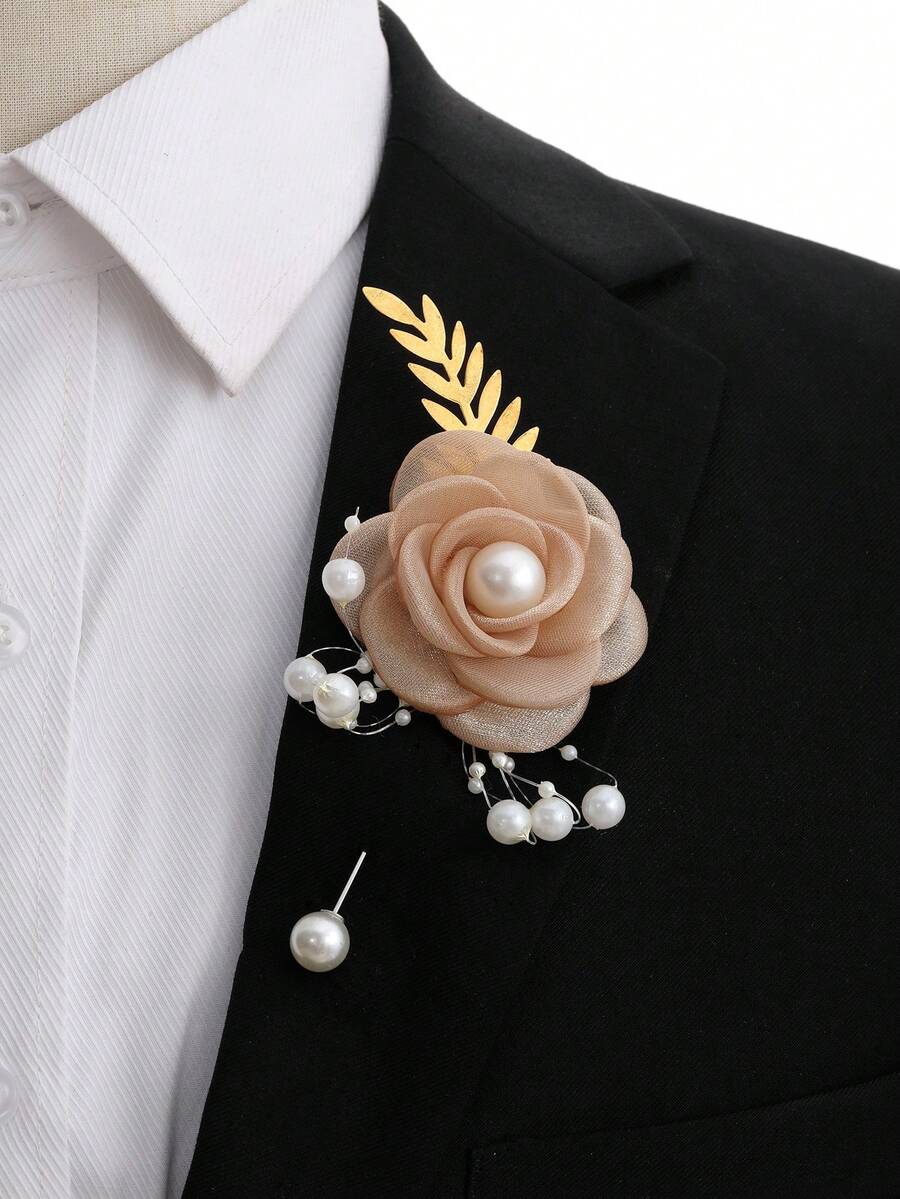 1pc Cream Lily Flower With Golden Leaves Pin Decoration For Groom/Bride