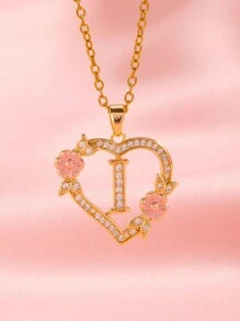 1pc Copper Inlaid Zirconia Hollow Heart Flower Pendant 26 English Letter Creative High-End Fashionable Necklace For Women - Gold - View 9