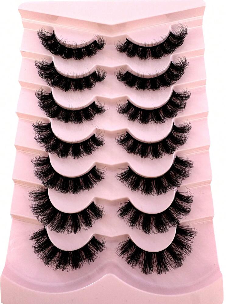 New 7 Pairs Russian Volume Classic Cat Eye Artificial Mink False Eyelashes, Natural DD Curl Fluffy Faux Eyelashes, Cross Wispy Dramatic Volume Faux Mink Lashes Extension For A Natural Look - 黑色 - 查看 4