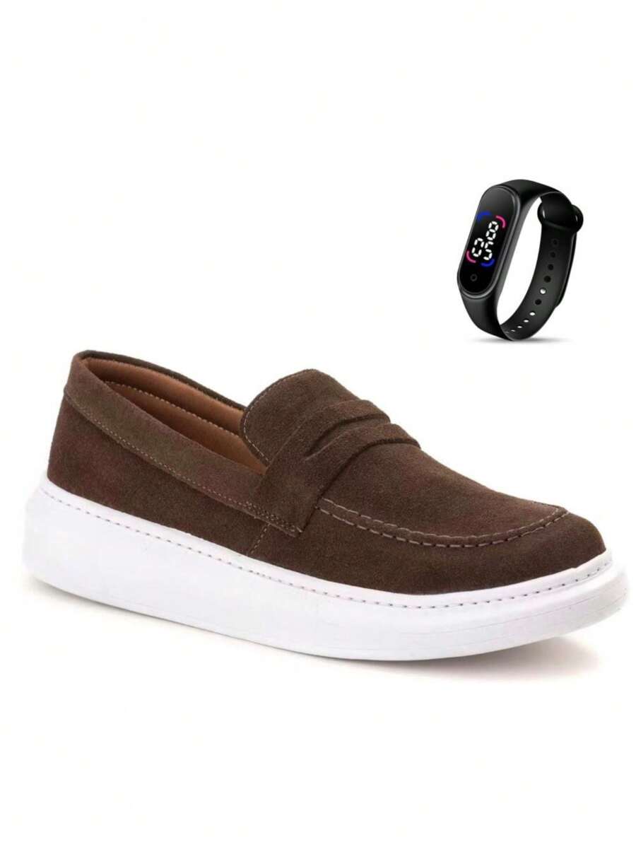 Men's Elegant Loafer Shoes In Lightweight Stitched Leather With Soft Sole + Watch - Rust Brown - View 1
