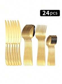 Christmas 4/16/24/32pcs Stainless Steel Knife, Fork, Spoon Cutlery Set, Suitable For Kitchen, Dining, Wedding, Party, Holiday Gift Home Decor New Year Gift - Gold - View 7