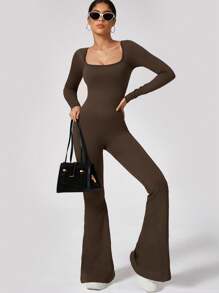 女式长袖无缝喇叭裤连体裤，高弹力罗纹腰提臀舞蹈服，适合户外运动 - 咖啡棕 - 查看 4