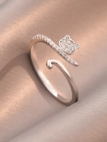 BALMORA 1 件可爱 S925 纯银甜美猫戒指锆石开口戒指适合女孩/女士/女友/母亲复古派对约会礼物日常佩戴生日礼物 - 銀色 - 查看 2