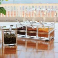 4PCS/SET Transparent Seasoning Storage Box With Spoon Rack Crystal Spice Jars - trong suốt - Xem 5