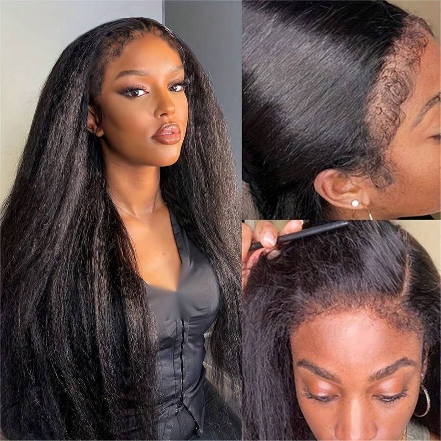 Kinky Edges 13x4 Transparent Lace Front Yaki Straight Wig Human Hair Realistic Natural Hairline With Curly Baby Hair Pre Cut Lace Wigs For Black Women 150% Density