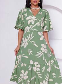 Short Sleeve Midi Dress With V-Neckline And Printed Waist - màu xanh lá - Xem 5