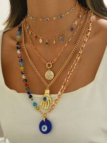 时尚奢华女士多层蓝色邪眼手形吊坠项链，粗款珠宝厚 U 型链配玻璃珠项链，夸张手眼吊坠装饰项圈，适合日常和派对佩戴，眼珠颜色随机分布 - 邪惡之眼 - 查看 2