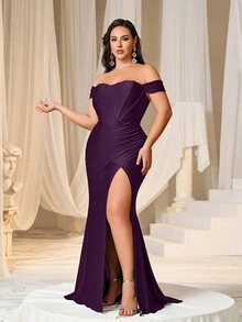 Faeriesty Plus Size Elegant Off-Shoulder Bodycon Ruched Hem Formal Evening Gown - Purple - View 5