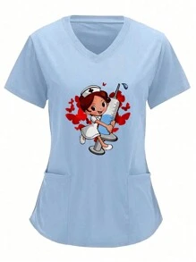 Nurse Cartoon Print Pattern Blue V-Neck Scrubs Top, Breathable Nurse Uniform Blouse - Blue - View 1