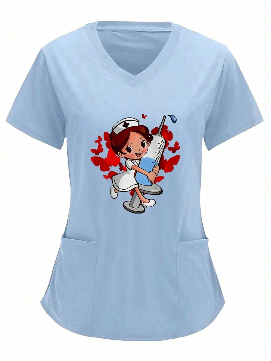 Nurse Cartoon Print Pattern Blue V-Neck Scrubs Top, Breathable Nurse Uniform Blouse - Blue - View 1