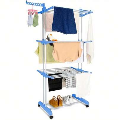 Clothes Drying Rack 4 Tier Clothes Horses Rack With Two Side Wings Laundry Racks For Indoor Outdoor Laundry Room Use Stainless Steel Laundry Garment Dryer Stand