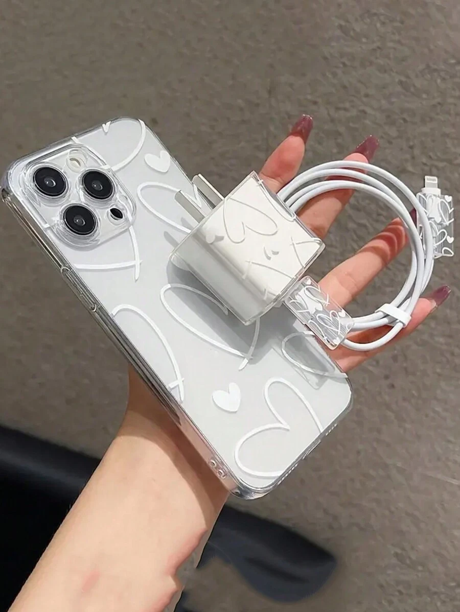苹果 5 件/套 白色爱心品牌图案全覆盖透明手机壳 + 数据线保护套 + 手机壳 + 数据线整理线 兼容 iPhone - 彩色 - 查看 1