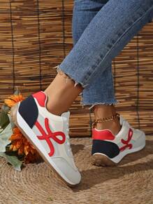 Giày thể thao nữ thời trang và giản dị, giày thể thao đế bằng buộc dây thoải mái màu tương phản để mặc ngoài trời - Đỏ - Xem 6