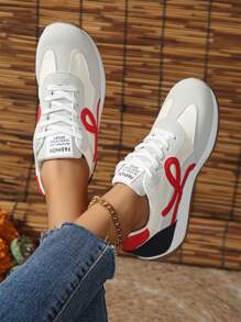 Giày thể thao nữ thời trang và giản dị, giày thể thao đế bằng buộc dây thoải mái màu tương phản để mặc ngoài trời - Đỏ - Xem 3