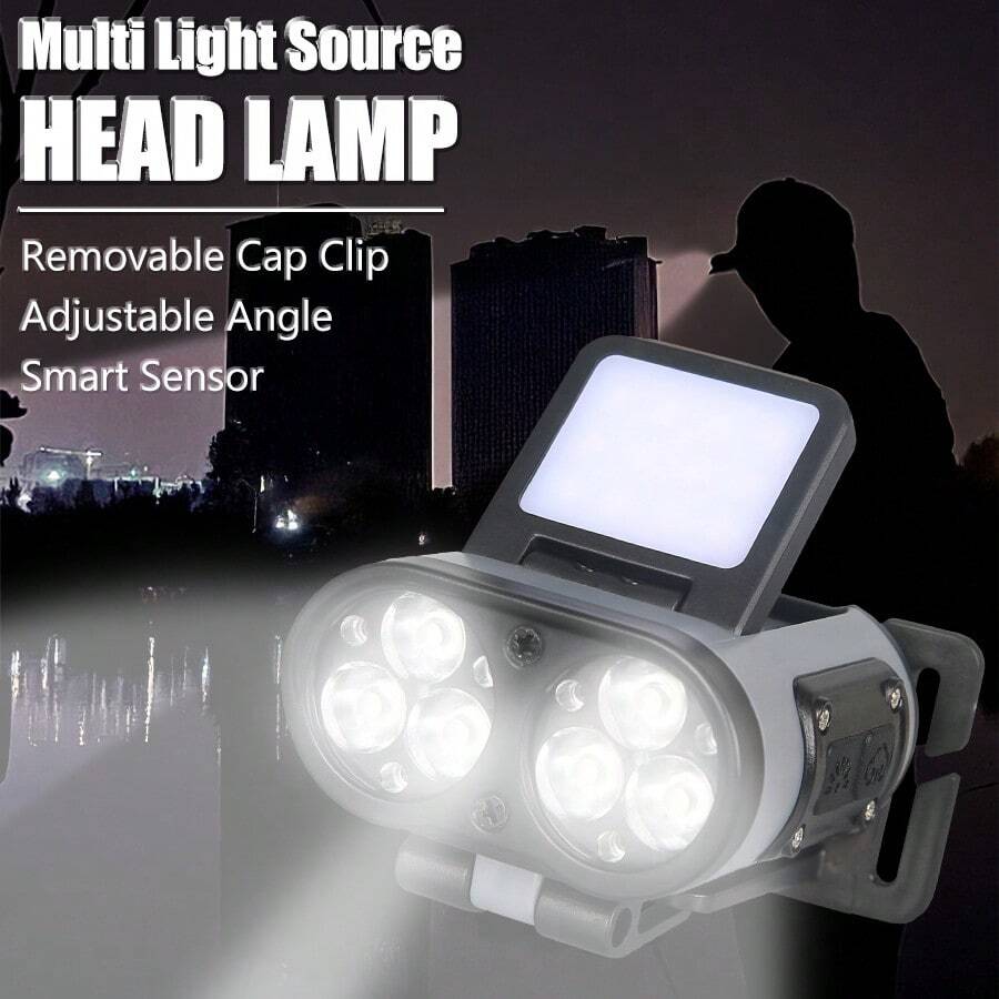 1 件 LED+COB 360° 可调角度传感器头灯多模式可充电电量显示头灯 6LED+12COB 超亮头灯适用于狩猎露营 - 彩色 - 查看 1