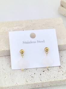 2pcs Flower Natural Stone Women 18K Gold Plated Stainless Steel Thick Stud Earrings, 4 Petal Floral Design Valentines